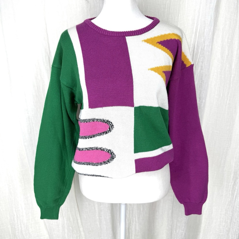 Vintage 80s Intarsia Knit Sweater Womens M Retro Quirky Maximalist Dopamine Boxy - Picture 5 of 8